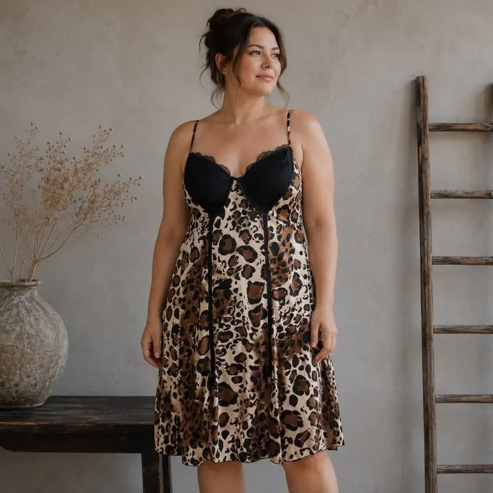 Cacique Black Brown Leopard Underwire Nightie 26/28